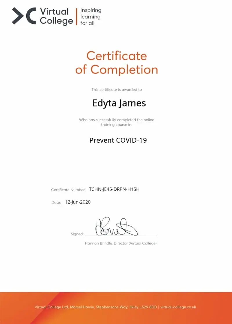 Certificates of training and qualification in health & safety and infection control - COVID-19